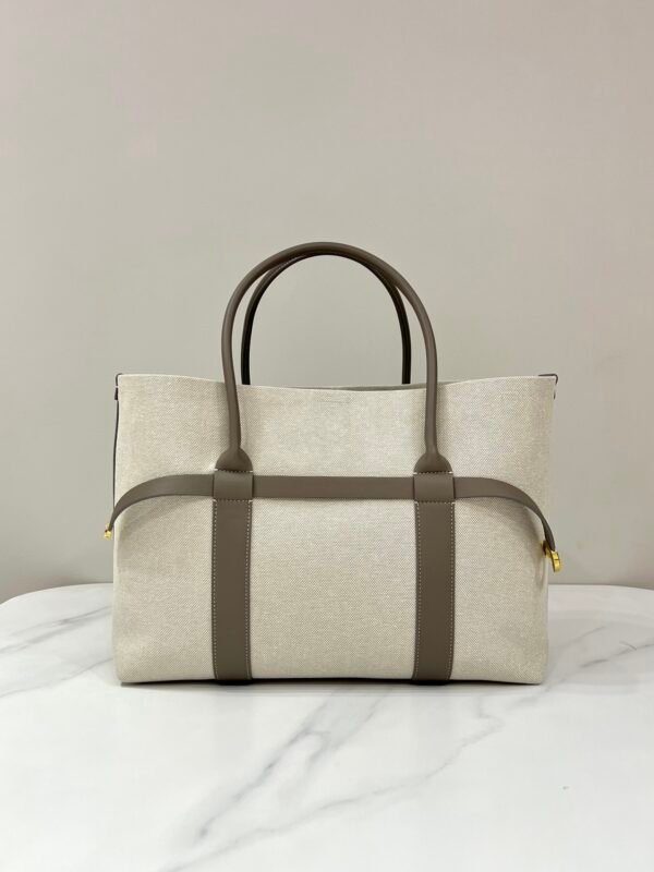 Loro Piana Ghiera Shopper Large Canvas Tote Bag 40cm Shoulder Bag for Work and Travel with Grained Leather Trim