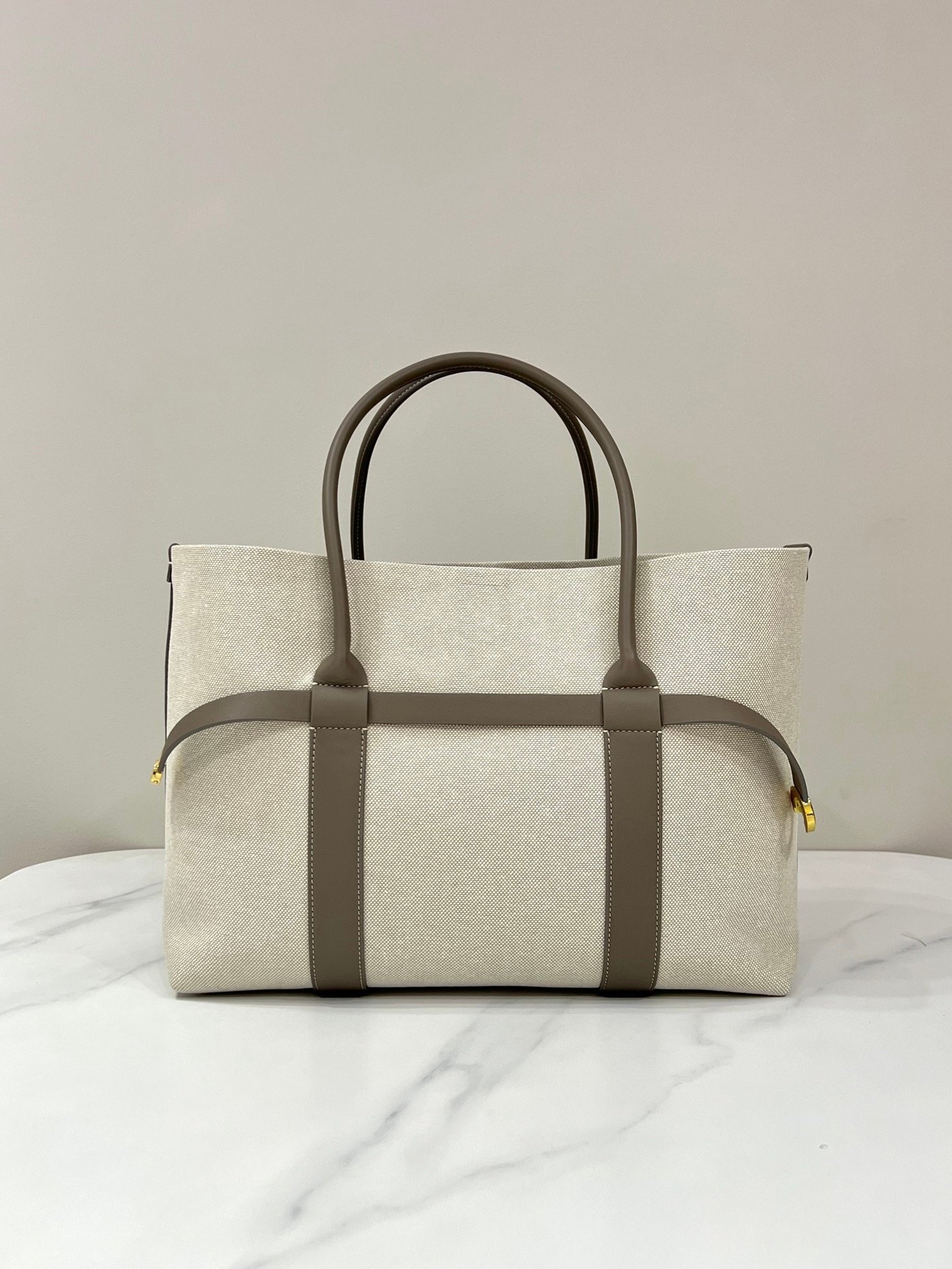 Loro Piana Ghiera Shopper Large Canvas Tote Bag 40cm Shoulder Bag for Work and Travel with Grained Leather Trim