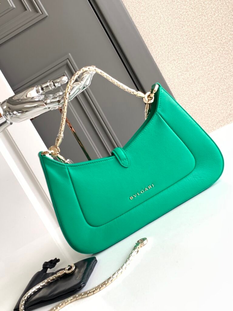 BVLGARI Serpenti Baia Small Shoulder Bag in Calf Leather Snake Head Flap Bag Fuchsia Pink & Emerald Green – Image 9
