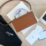 CELINE Box Triomphe Bag 22cm Shiny Calfskin and Triomphe Canvas Leather Shoulder and Crossbody Handbag with Gold-Finish Metallic Closure 11