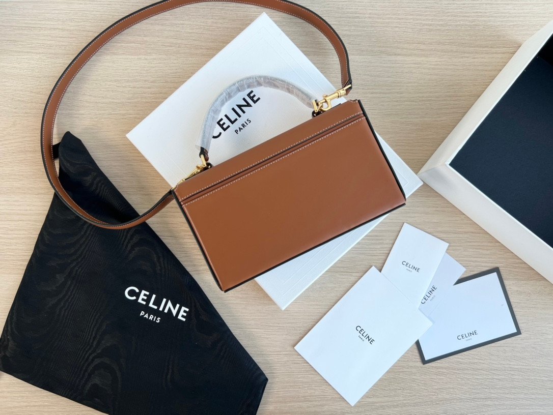 CELINE Box Triomphe Bag 22cm Shiny Calfskin and Triomphe Canvas Leather Shoulder and Crossbody Handbag with Gold-Finish Metallic Closure 11