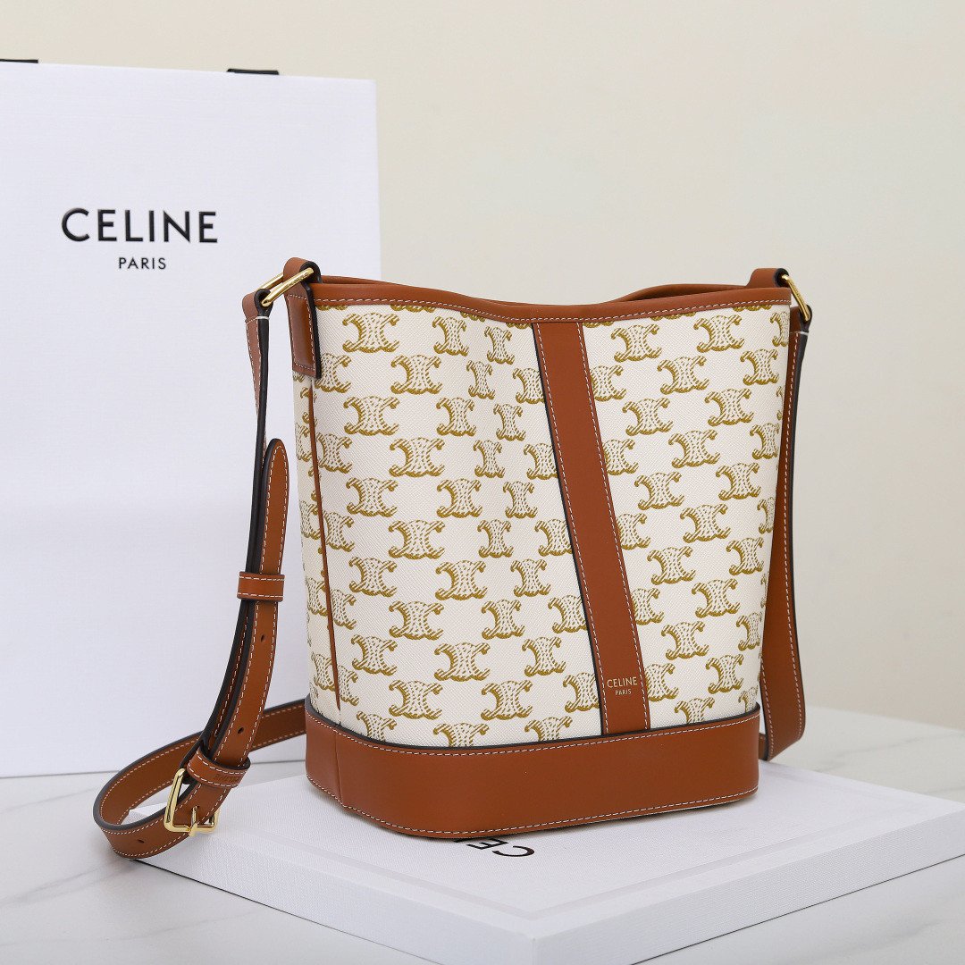 Celine Triomphe Canvas Bucket Bag 30cm Vintage Embroidered Shoulder Bag Calfskin Leather Large Capacity Designer Hobo Bag 11