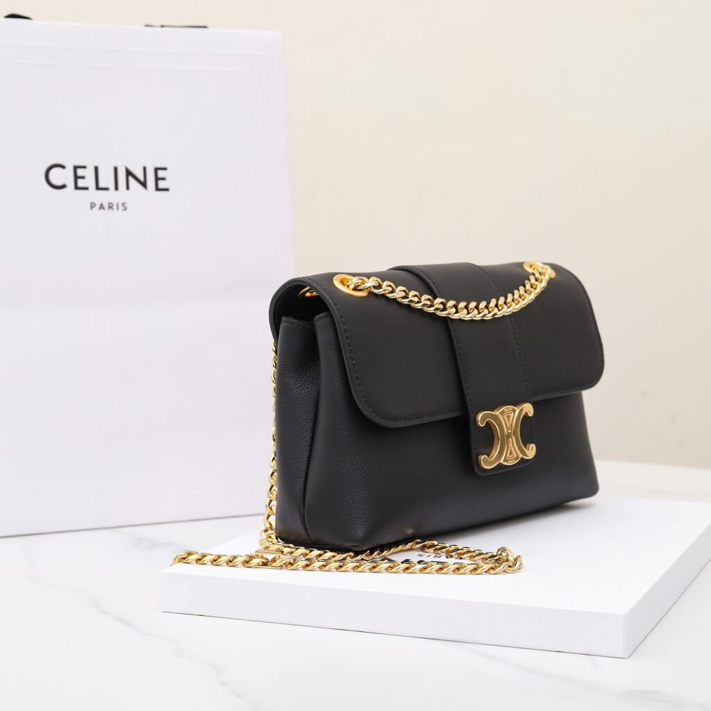 Celine Triomphe Chain Bag 21cm Calfskin Craftsmanship Black & Taupe Flap Bag – Image 5 Celine Triomphe Chain Bag 21cm Calfskin Craftsmanship Black & Taupe Flap Bag – Image 5