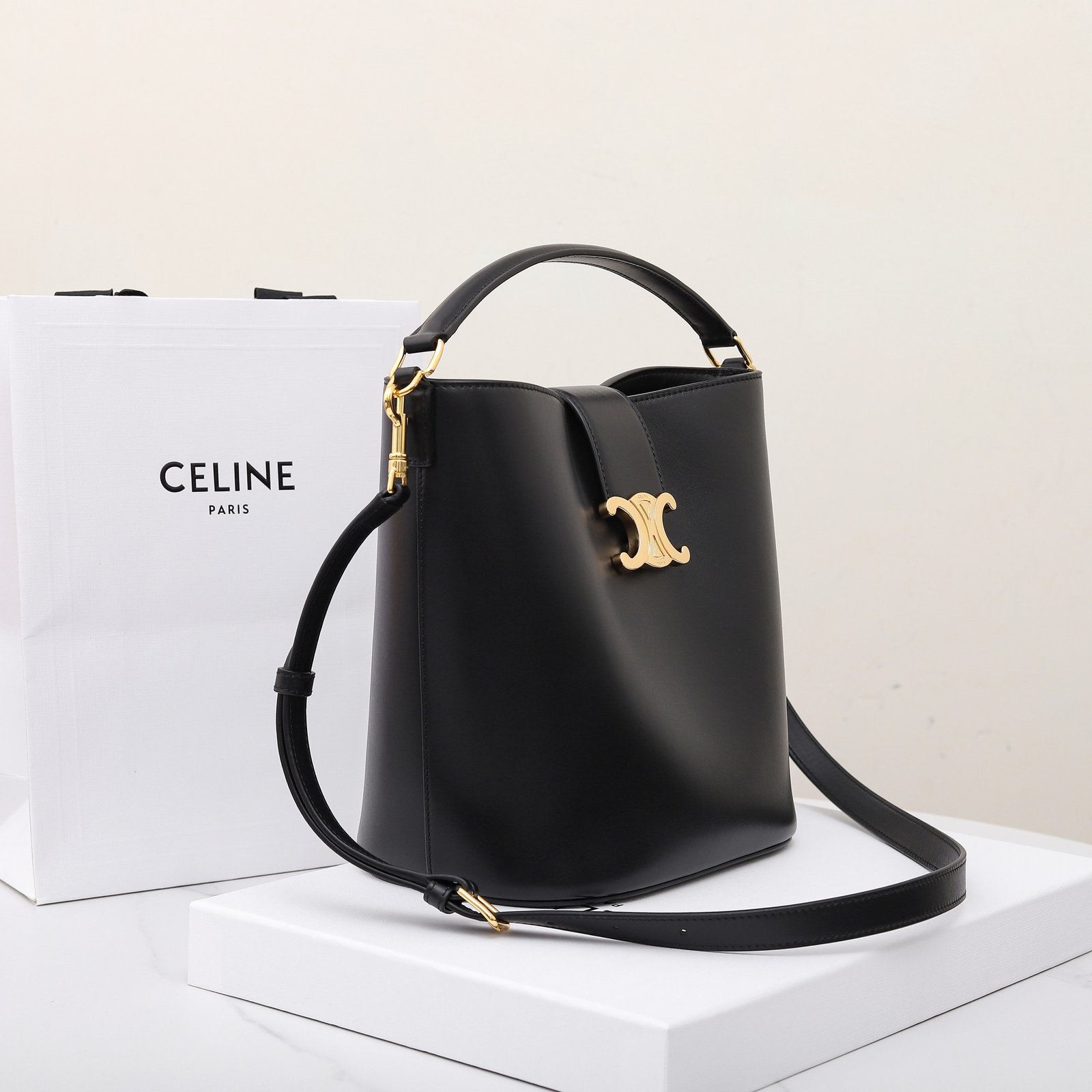 CELINE Triomphe Bucket Bag 28cm Calfskin Smooth Leather Shoulder Bag for Women with Adjustable Crossbody Strap 11