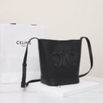 CELINE Cuir Triomphe Small Bucket Bag 17x22cm Tan and Black Calfskin Leather Crossbody Handbag with Adjustable Strap 11
