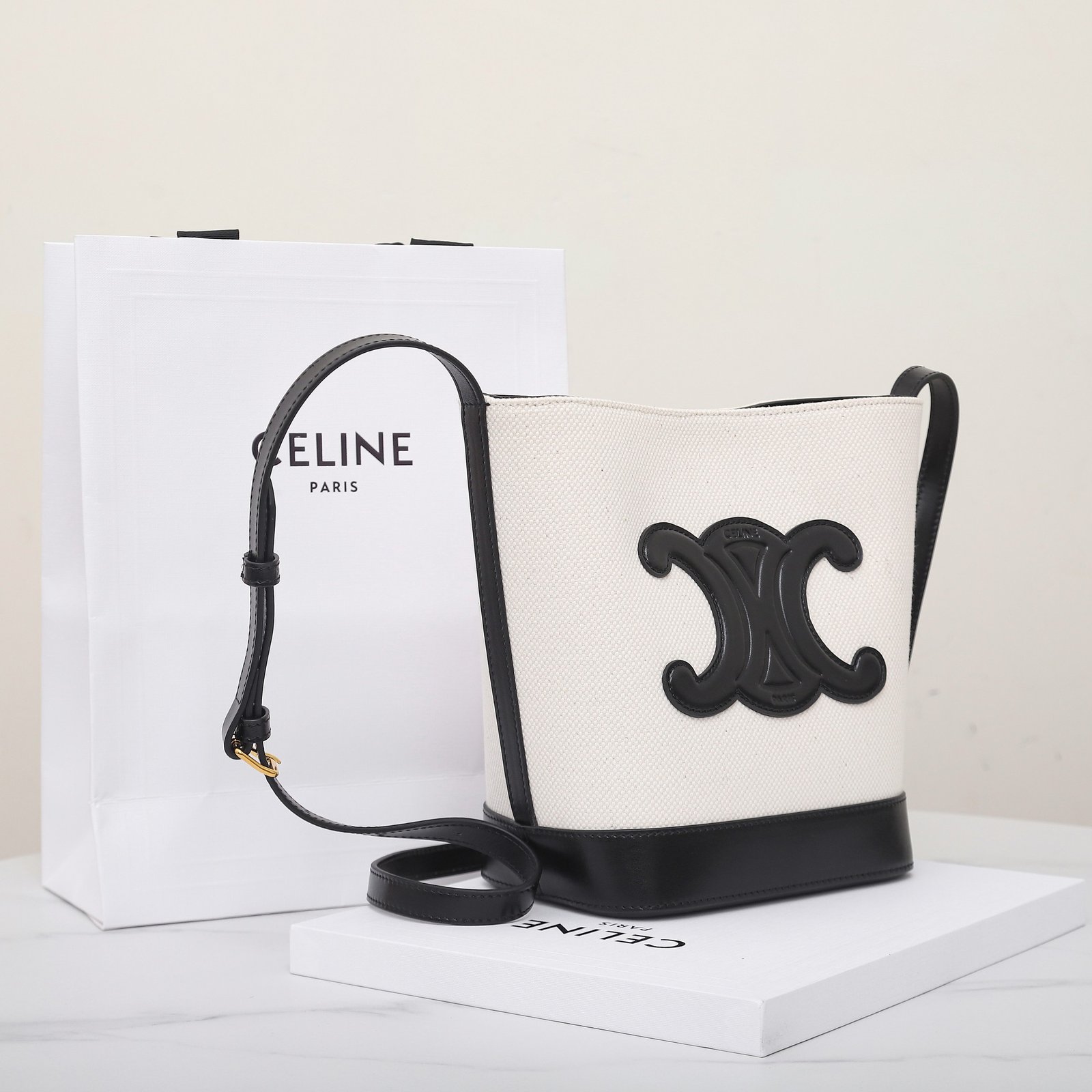 CELINE Triomphe Small Bucket Bag 22x17cm Canvas and Calfskin 3D Logo Shoulder Bag for Women Tan and Black 11