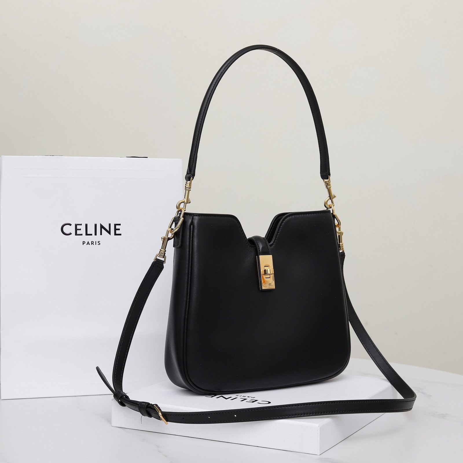 Celine Calfskin Shoulder Bag 24.5cm Minimalist Crossbody Handbag with Gold Hardware Twist-Lock 2025 11