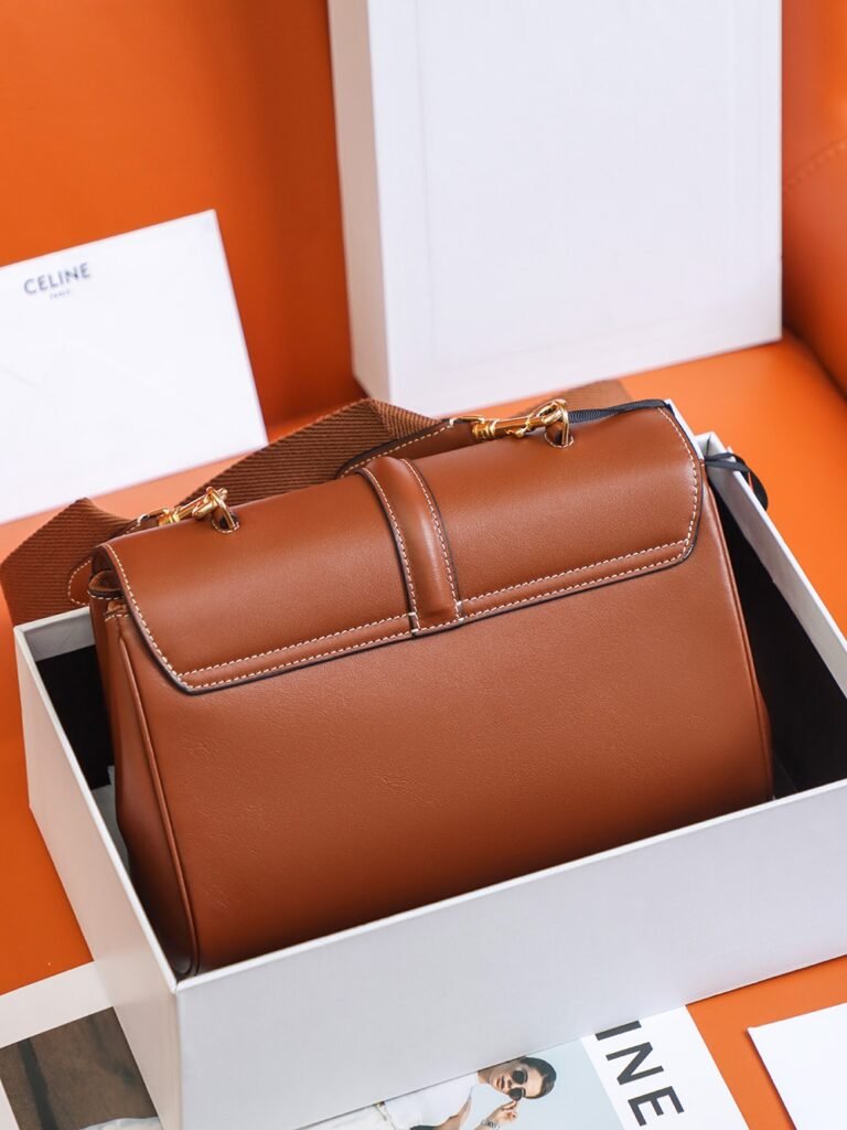 CELINE TEEN SOFT 16 Bag 23cm Smooth Calfskin Tan and Navy Blue Crossbody Bag with Strap &ndash; Image 9