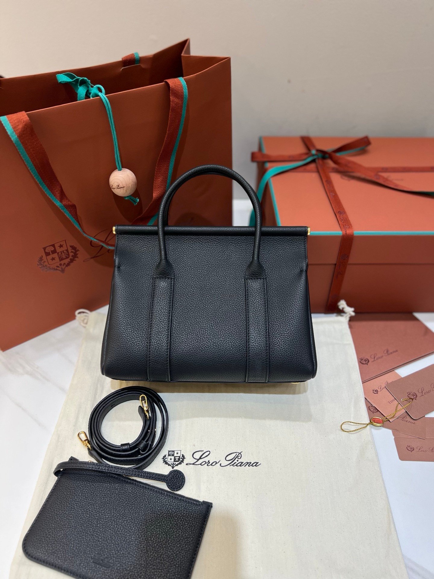 Loro Piana Loom L25 Grained Leather Handbag 25cm Top Handle Tote with Detachable Strap and Padlock Crossbody Bag for Women