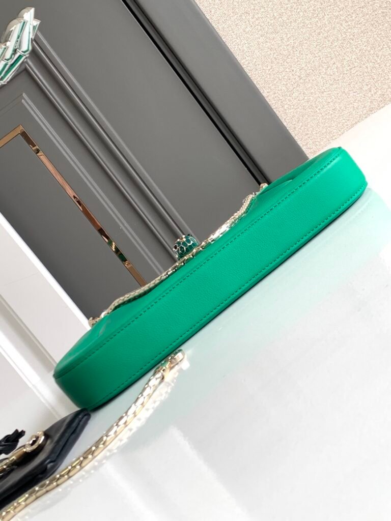 BVLGARI Serpenti Baia Small Shoulder Bag in Calf Leather Snake Head Flap Bag Fuchsia Pink & Emerald Green – Image 10