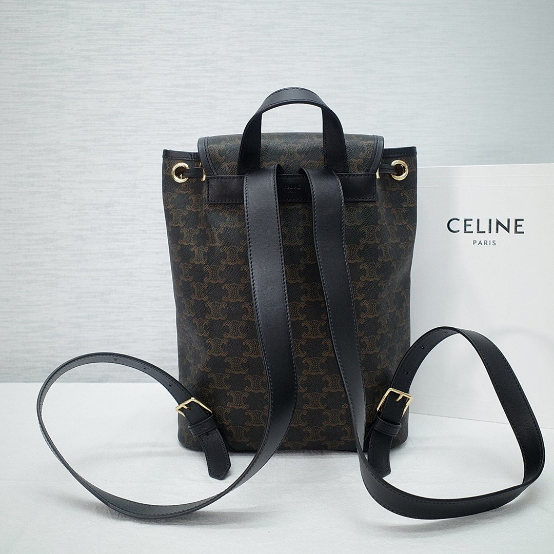 CELINE Triomphe Canvas & Calfskin Folco Backpack 23x30x16cm Timeless Vintage Drawstring Rucksack 12