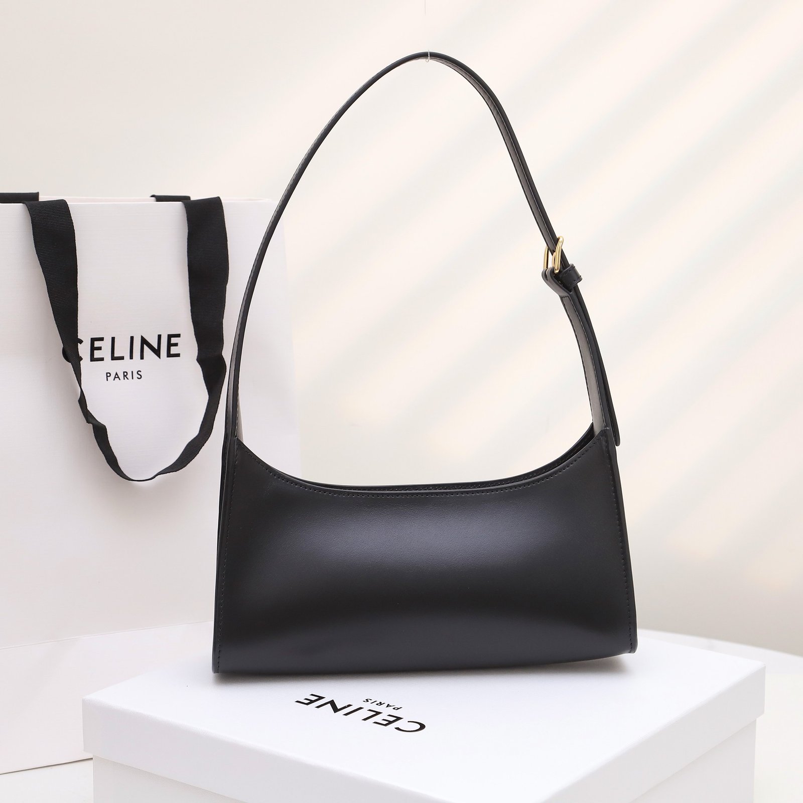 CELINE Triomphe Embossed Calfskin Shoulder Bag Matte Leather Mini Hobo Underarm Bag Handbag for Women 12