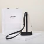 CELINE Triomphe Small Bucket Bag 22x17cm Canvas and Calfskin 3D Logo Shoulder Bag for Women Tan and Black 12