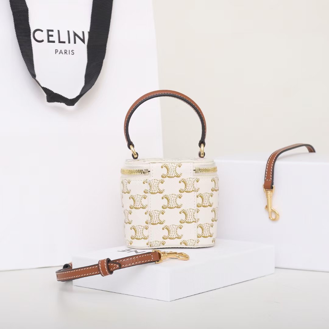 CELINE Mini Vanity Case 9.5cm Triomphe Canvas with Calfskin Leather Small Crossbody Vanity Box Bag 12
