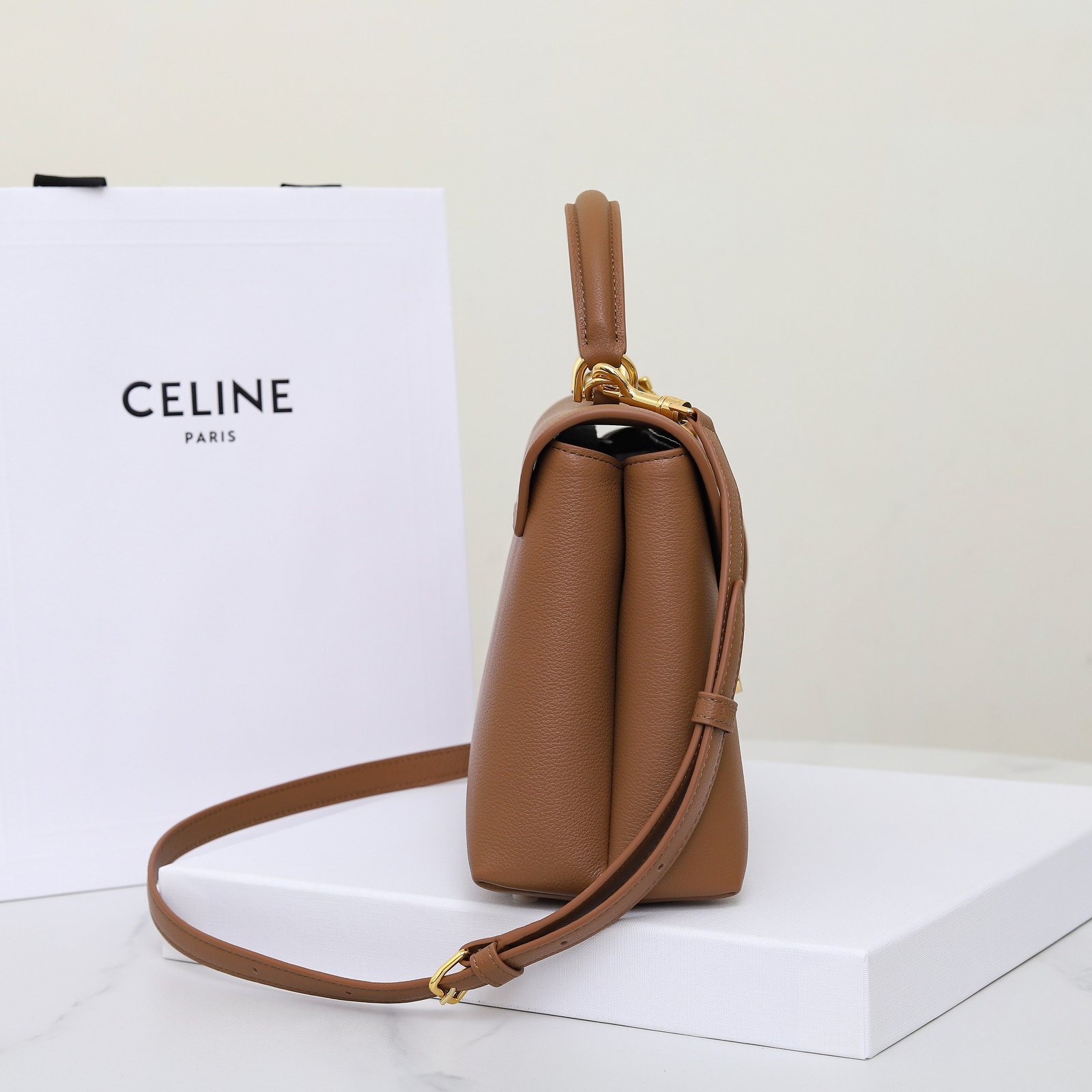 CELINE NINO Top Handle Bag 26cm Black Grained Calfskin with Gold Triomphe Hardware Luxury Crossbody Handbag 12