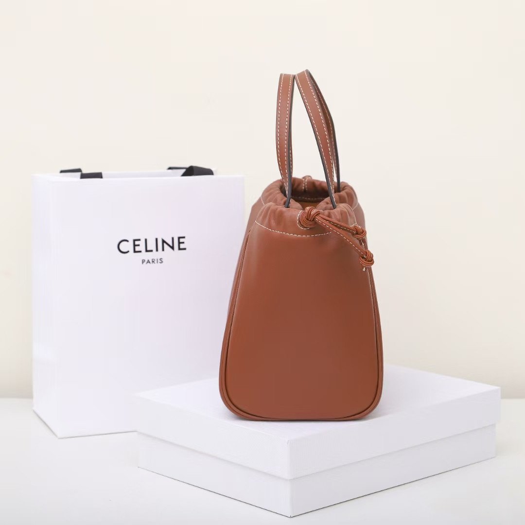 Celine Triomphe Cuir Drawstring Bag 22cm Small Smooth Calfskin Leather Crossbody Handbag with Embossed Logo 12