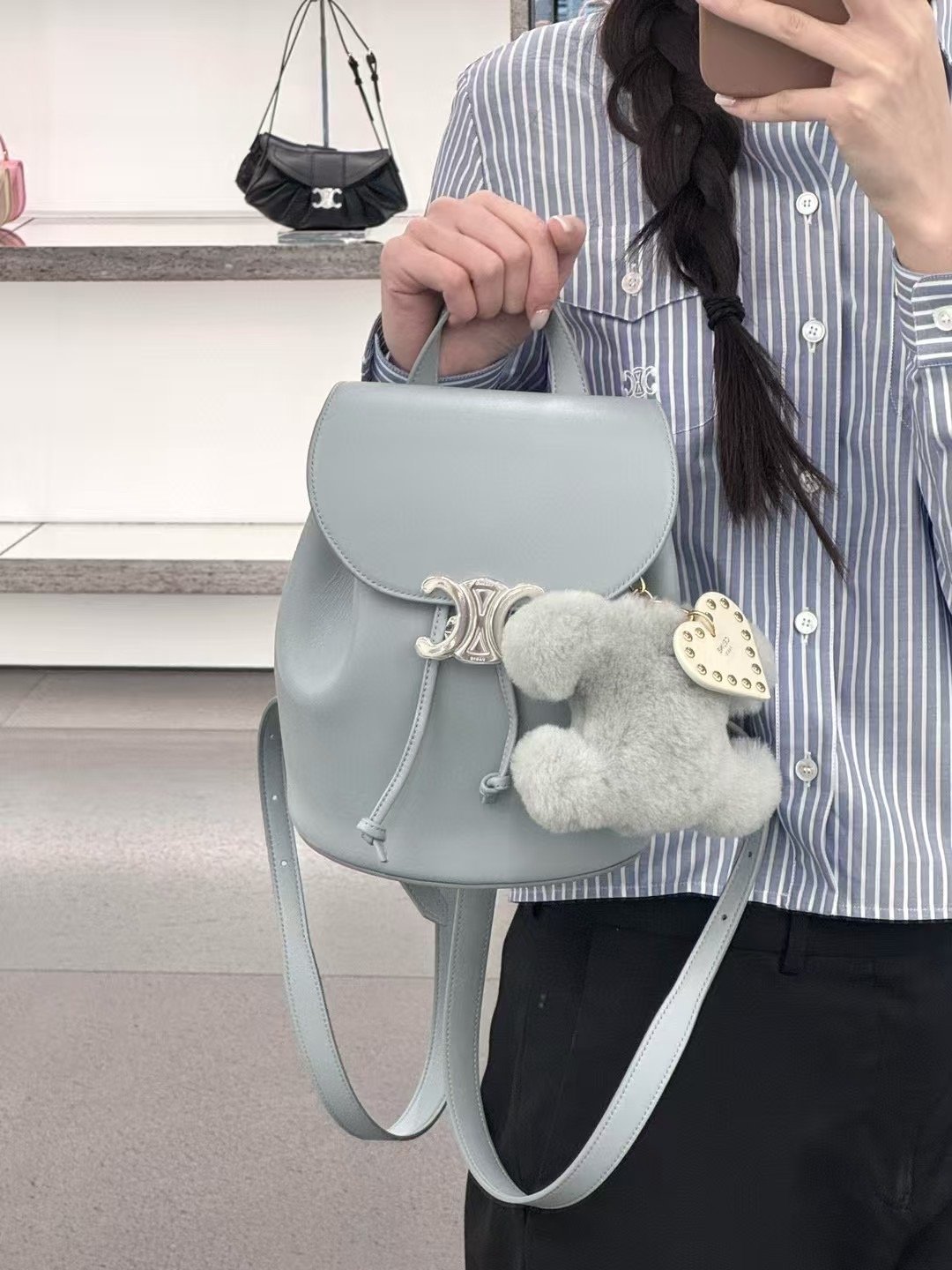 Celine Small Triomphe Backpack Shiny Calfskin Pale Blue Mini Rucksack for Women – Image 12 Celine Small Triomphe Backpack Shiny Calfskin Pale Blue Mini Rucksack for Women – Image 12