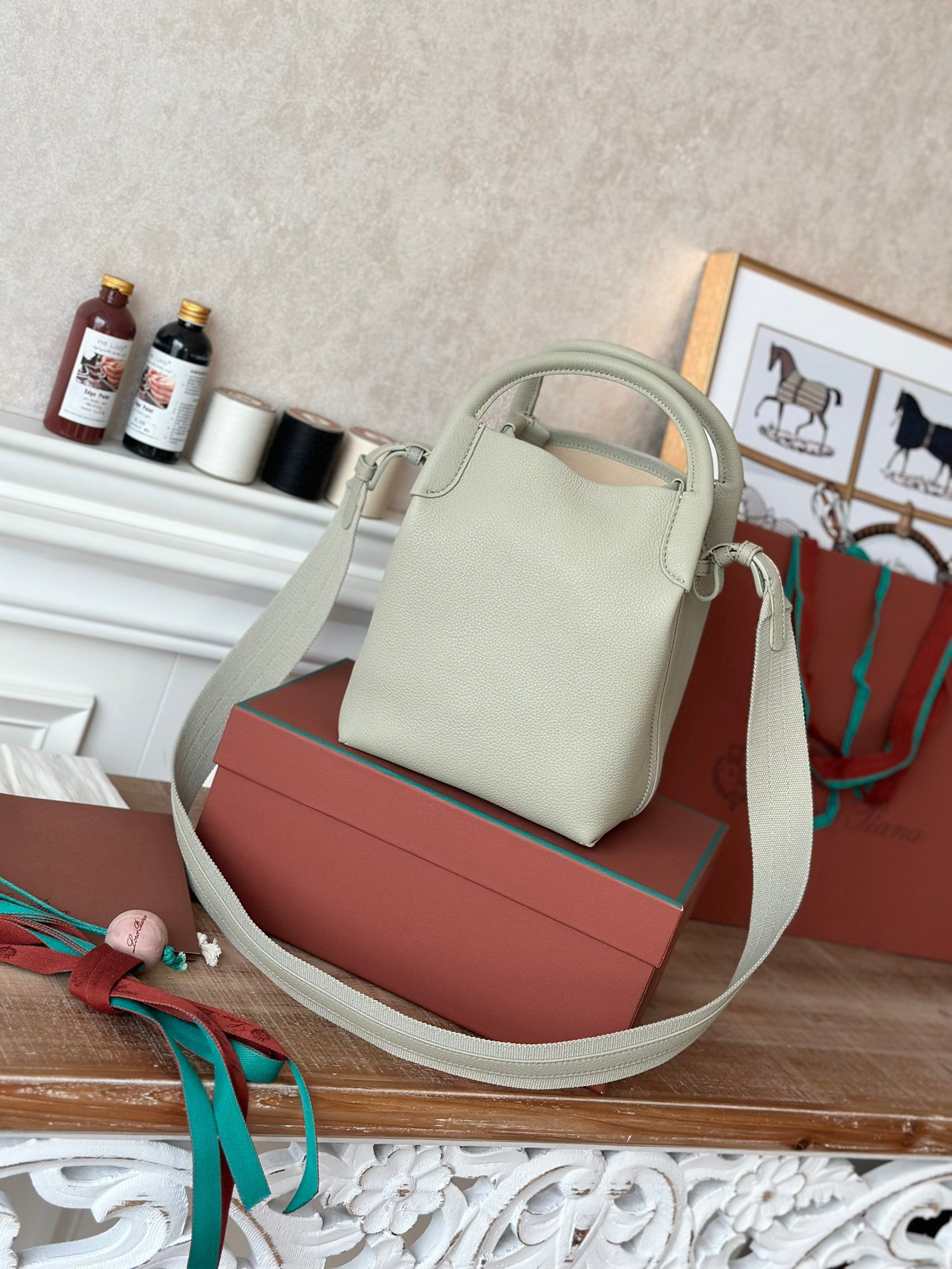 Loro Piana Medium Bale Bag Grained Calfskin Minimalist Bucket Bag with Detachable Shoulder Strap 6 Colors