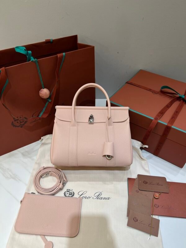 Loro Piana Loom L25 Grained Leather Handbag 25cm Top Handle Tote with Detachable Strap and Padlock Crossbody Bag for Women