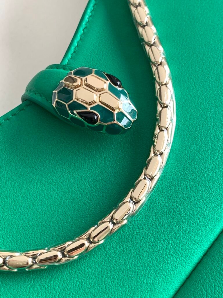 BVLGARI Serpenti Baia Small Shoulder Bag in Calf Leather Snake Head Flap Bag Fuchsia Pink & Emerald Green – Image 11