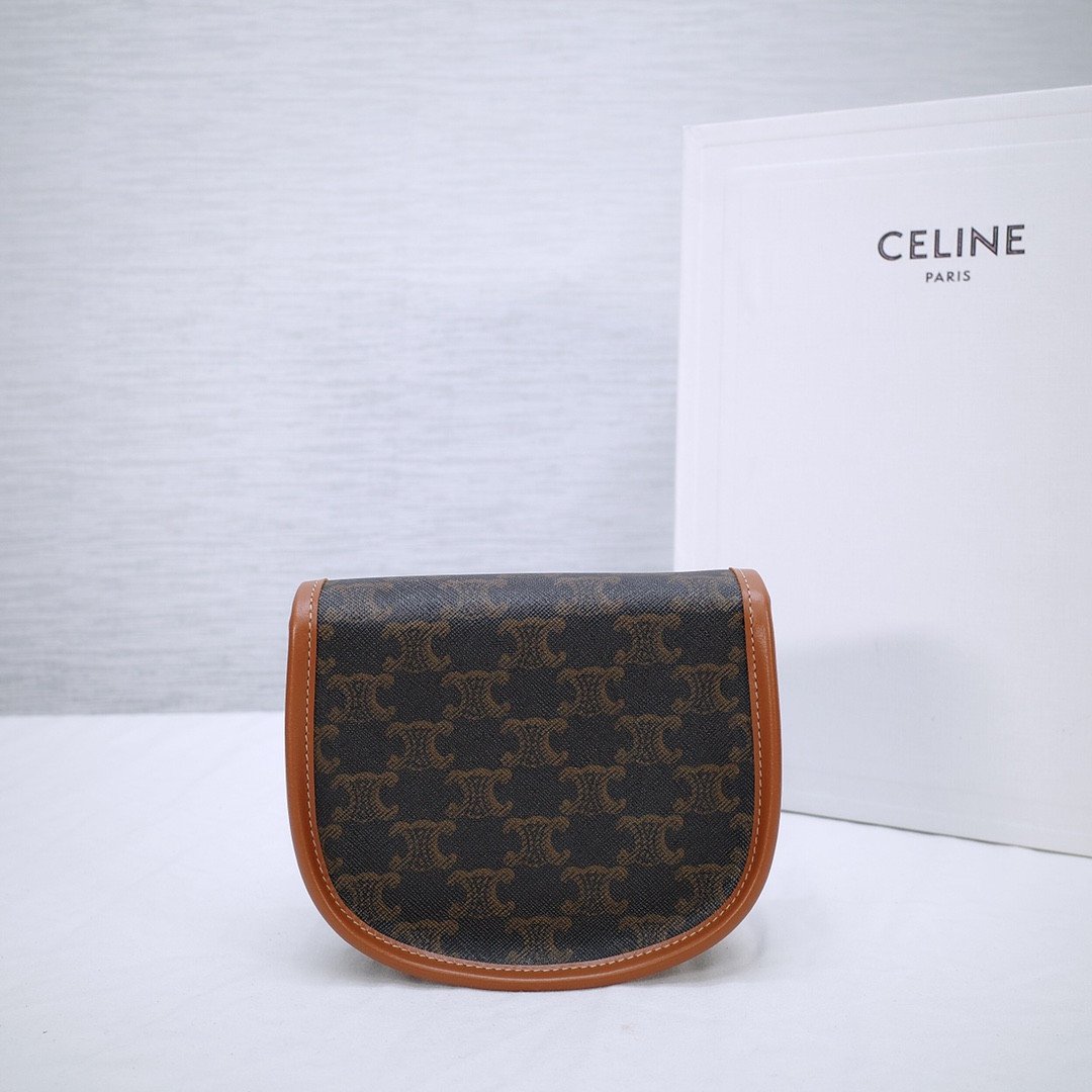 Celine Mini Besace Bag 15cm Triomphe Canvas and Calfskin Classic Tan & White Monogram Crossbody Shoulder Bag 13