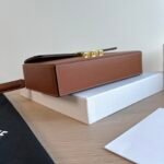 CELINE Box Triomphe Bag 22cm Shiny Calfskin and Triomphe Canvas Leather Shoulder and Crossbody Handbag with Gold-Finish Metallic Closure 13