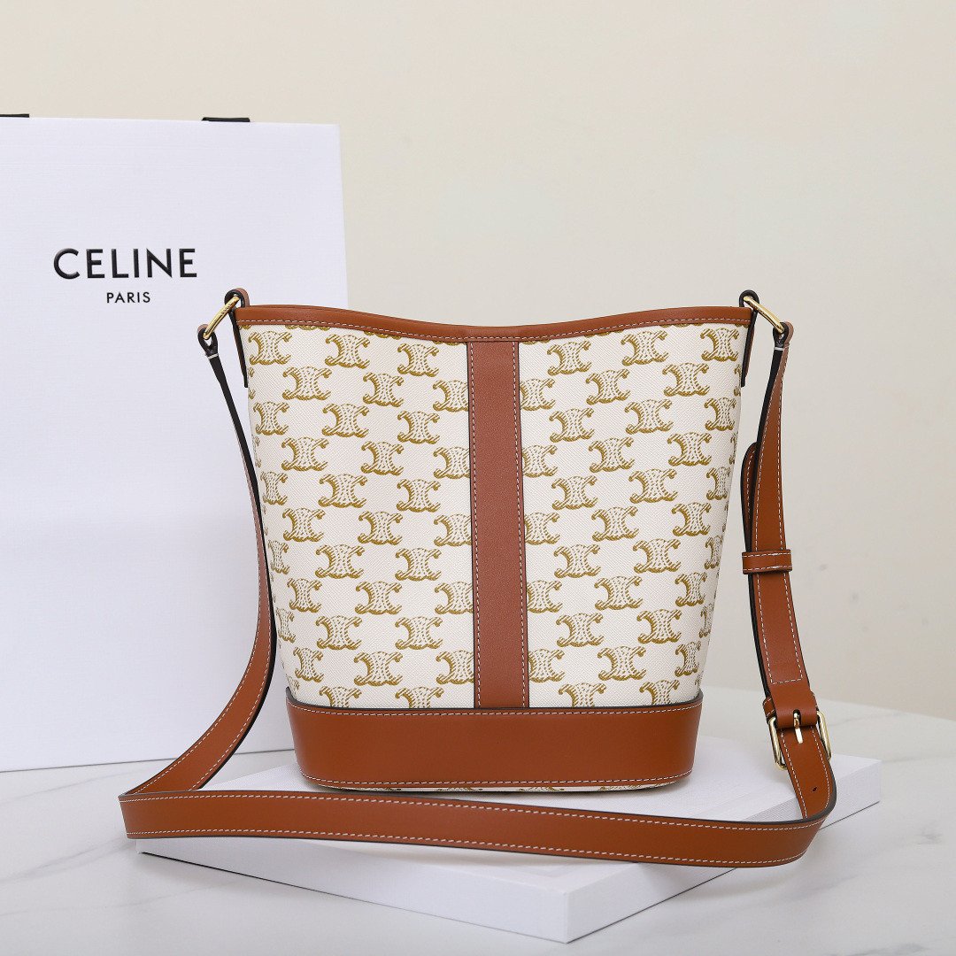 Celine Triomphe Canvas Bucket Bag 30cm Vintage Embroidered Shoulder Bag Calfskin Leather Large Capacity Designer Hobo Bag 13