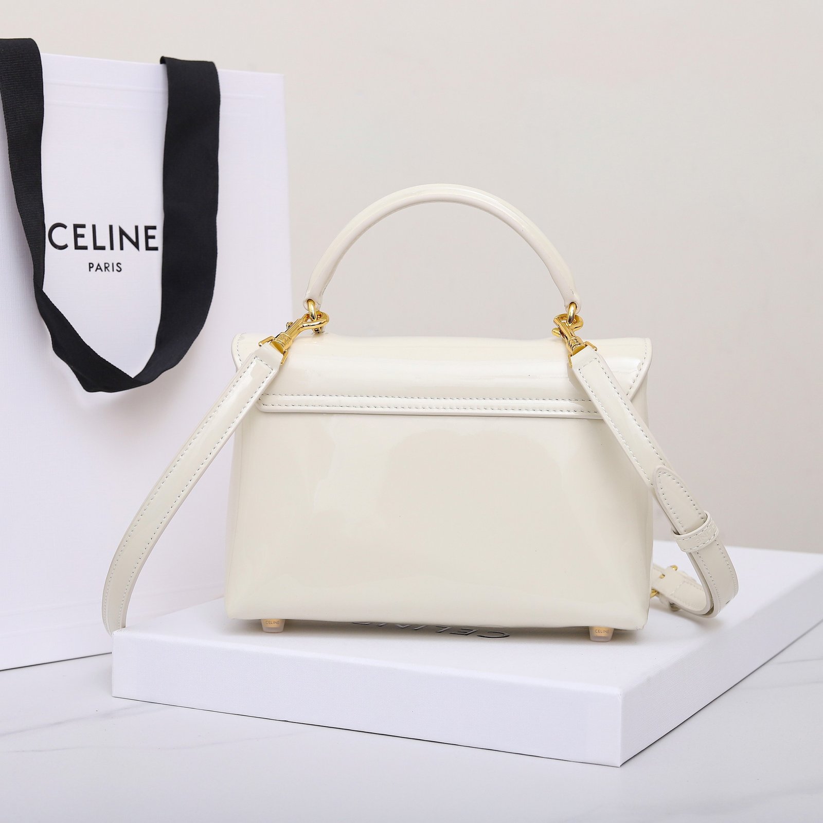 CELINE Triomphe Mirror Patent Leather Top Handle Bag 20cm Calfskin Small Trapezoid Kelly Handbag Crossbody Shoulder Purse 13