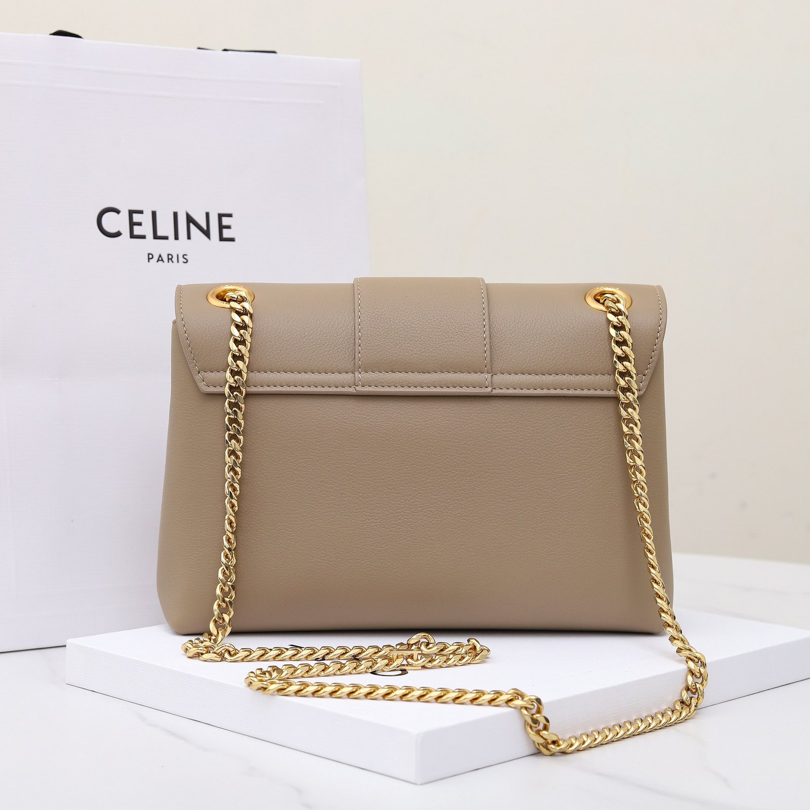 Celine Triomphe Chain Bag 25cm Supple Calfskin and Signature Canvas Medium Flap Shoulder Bag with Gold-Tone Hardware 13