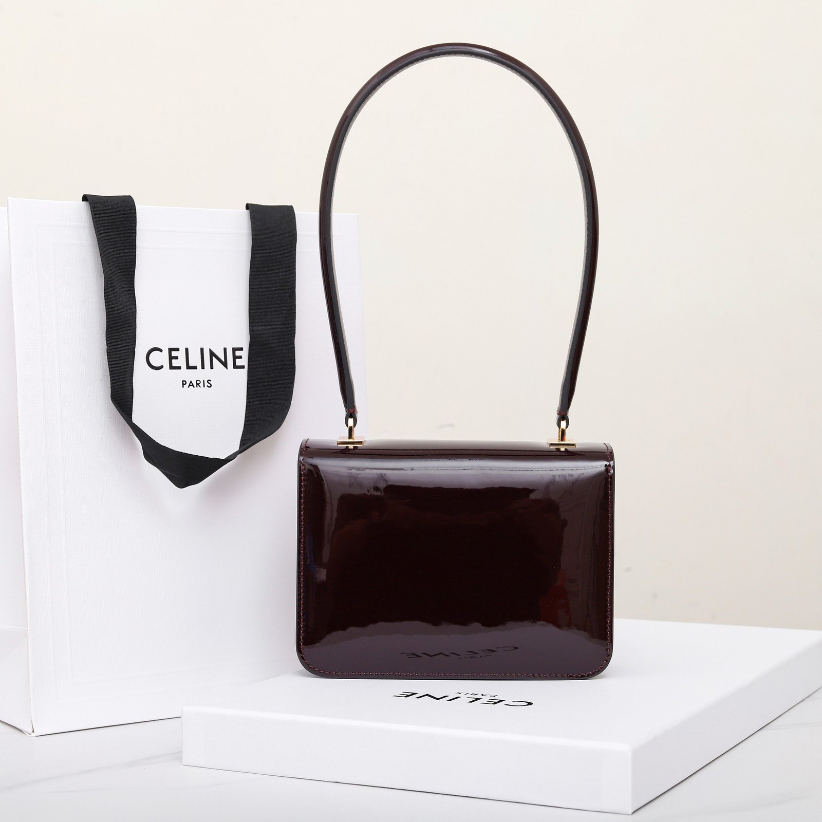 CELINE Teen Triomphe Bag Shiny Patent Calfskin Luxury Designer Shoulder Bag Gold Triomphe Clasp Crossbody 13
