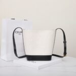 CELINE Triomphe Small Bucket Bag 22x17cm Canvas and Calfskin 3D Logo Shoulder Bag for Women Tan and Black 13