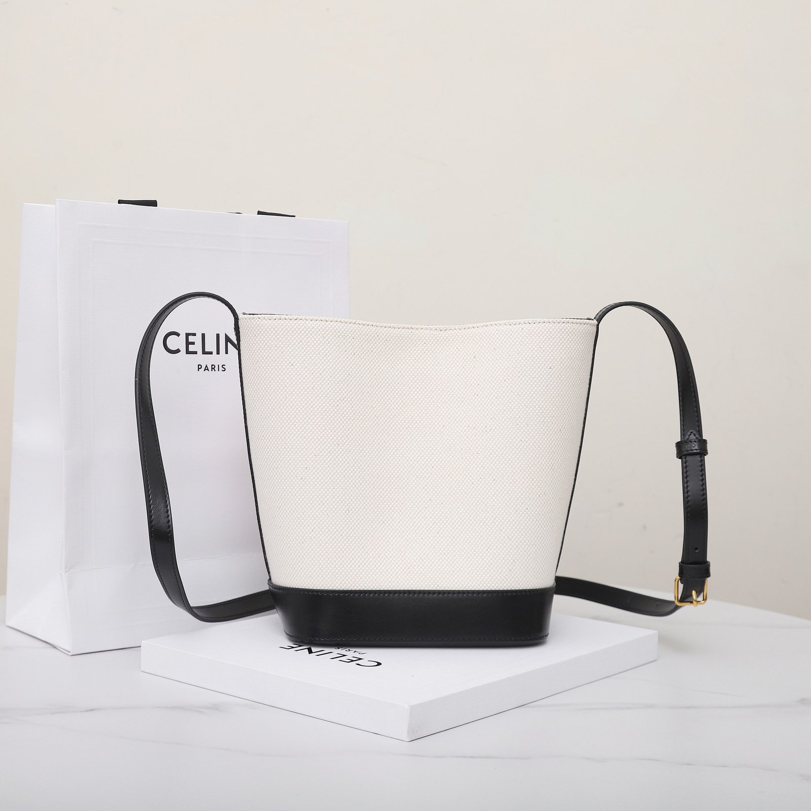CELINE Triomphe Small Bucket Bag 22x17cm Canvas and Calfskin 3D Logo Shoulder Bag for Women Tan and Black 13