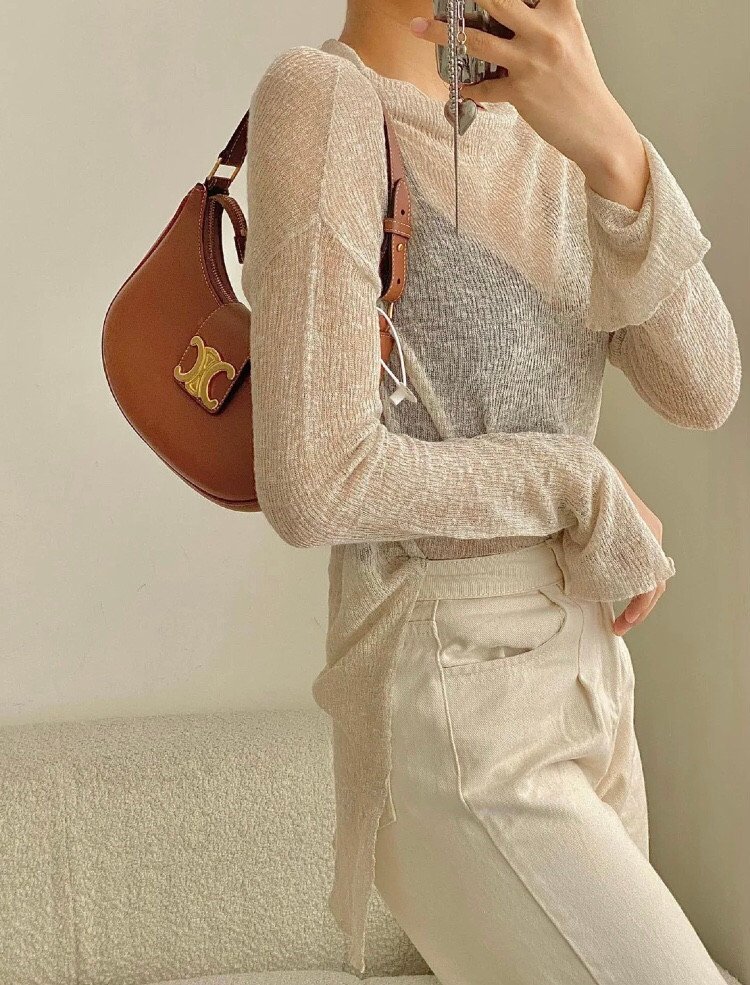CELINE AVA TRIOMPHE Bag 23cm Tan Smooth Calfskin Classic Women’s Underarm Hobo Bag &ndash; Image 7