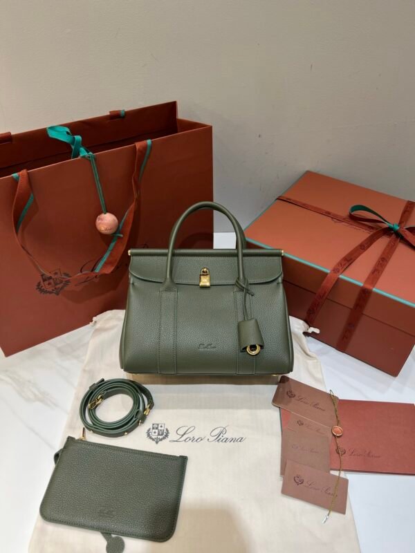 Loro Piana Loom L25 Grained Leather Handbag 25cm Top Handle Tote with Detachable Strap and Padlock Crossbody Bag for Women