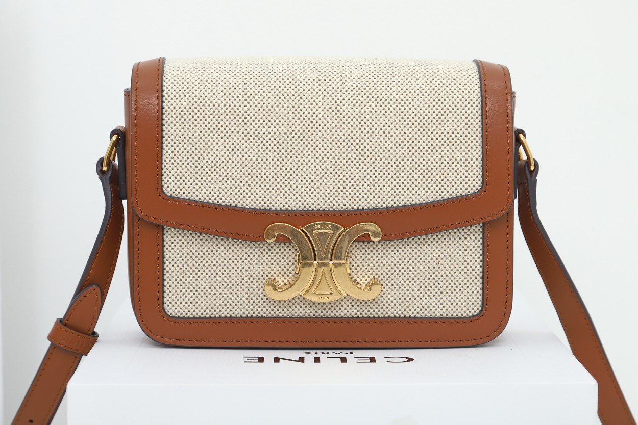 CELINE Teen Triomphe Bag 18.5cm Textile and Calfskin Designer Crossbody Shoulder Bag for Women 4 Colors 14