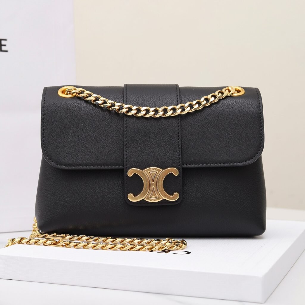 Celine Triomphe Chain Bag 21cm Calfskin Craftsmanship Black & Taupe Flap Bag – Image 8 Celine Triomphe Chain Bag 21cm Calfskin Craftsmanship Black & Taupe Flap Bag – Image 8