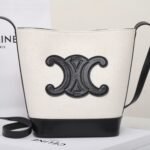 CELINE Triomphe Small Bucket Bag 22x17cm Canvas and Calfskin 3D Logo Shoulder Bag for Women Tan and Black 14