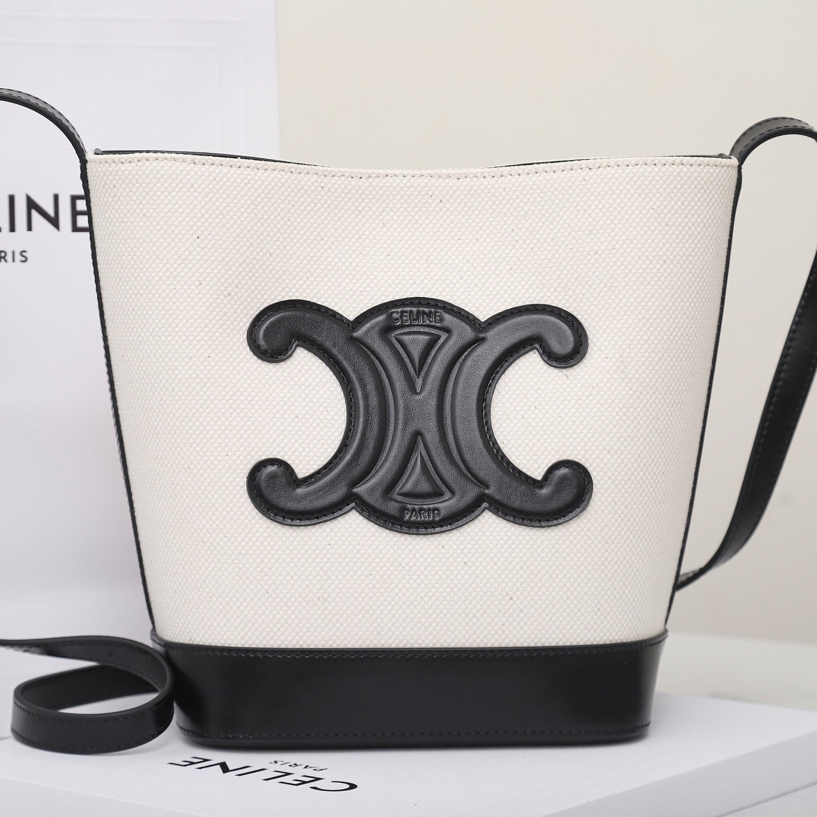 CELINE Triomphe Small Bucket Bag 22x17cm Canvas and Calfskin 3D Logo Shoulder Bag for Women Tan and Black 14