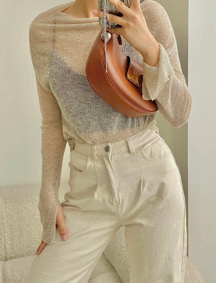 CELINE AVA TRIOMPHE Bag 23cm Tan Smooth Calfskin Classic Women’s Underarm Hobo Bag – Image 8