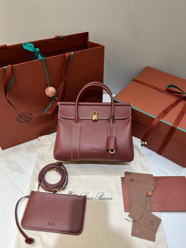 Loro Piana Loom L25 Grained Leather Handbag 25cm Top Handle Tote with Detachable Strap and Padlock Crossbody Bag for Women