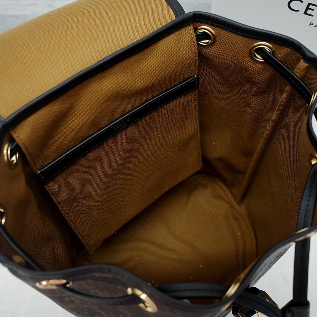 CELINE Triomphe Canvas & Calfskin Folco Backpack 23x30x16cm Timeless Vintage Drawstring Rucksack 15