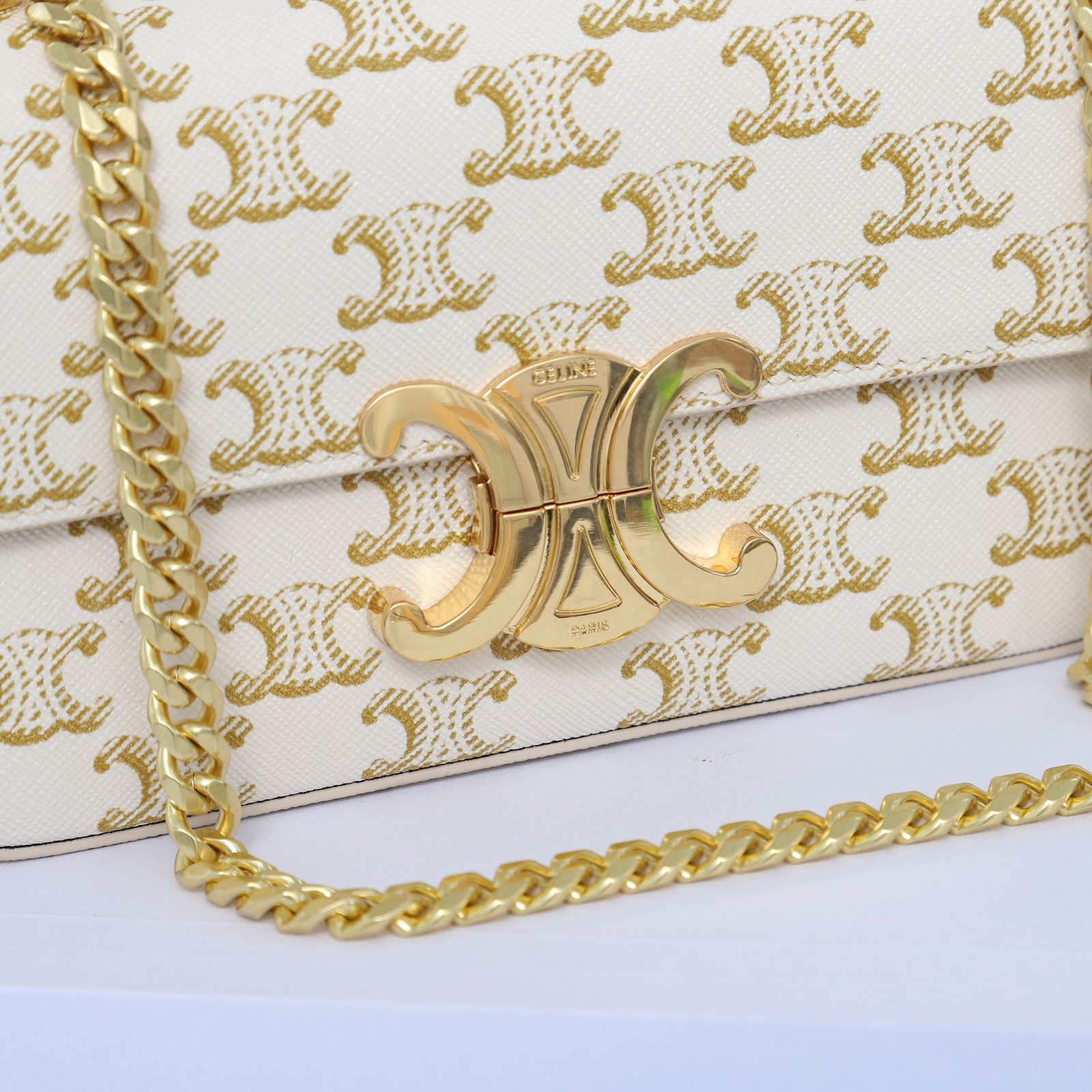 Celine Triomphe Chain Shoulder Bag 20.5cm Canvas and Calfskin Luxury Designer Crossbody for Women 15