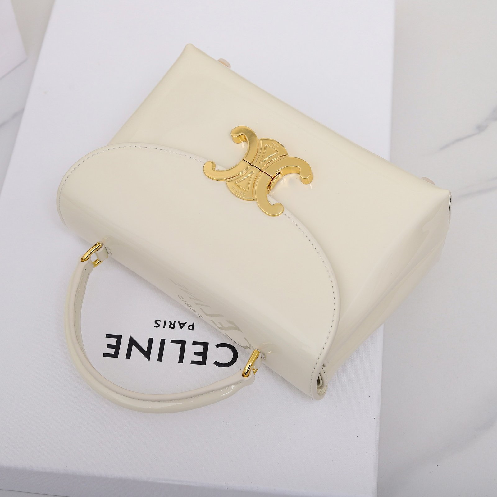 CELINE Triomphe Mirror Patent Leather Top Handle Bag 20cm Calfskin Small Trapezoid Kelly Handbag Crossbody Shoulder Purse 15