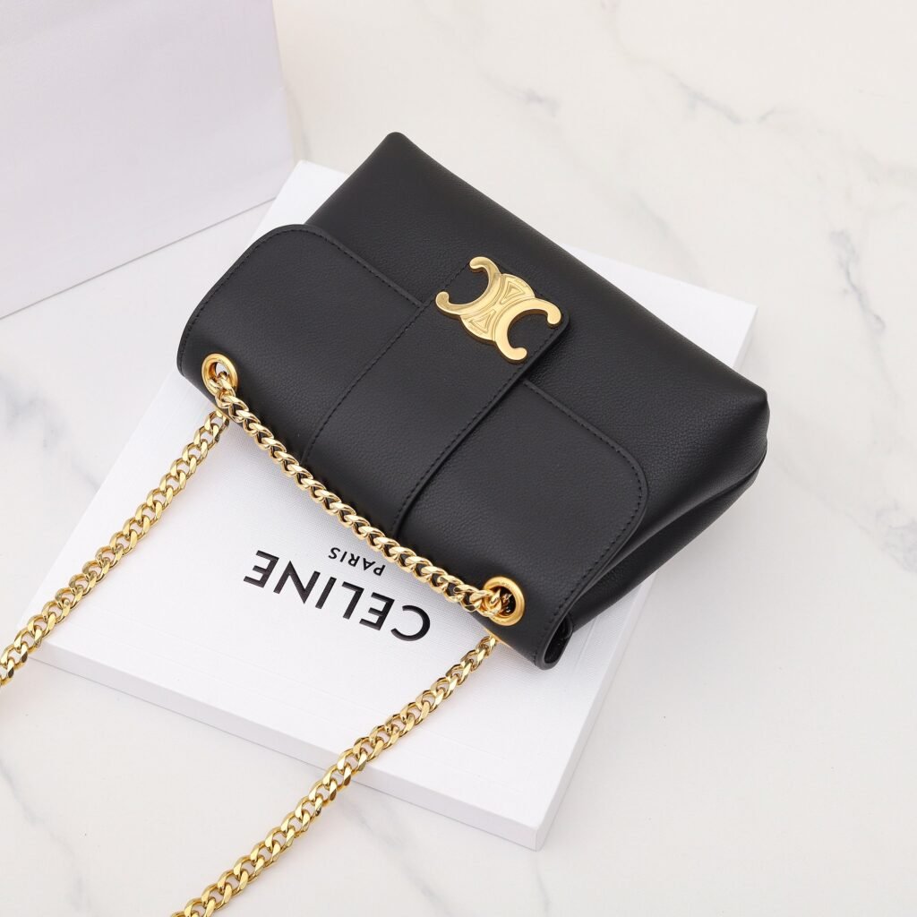 Celine Triomphe Chain Bag 21cm Calfskin Craftsmanship Black & Taupe Flap Bag – Image 9 Celine Triomphe Chain Bag 21cm Calfskin Craftsmanship Black & Taupe Flap Bag – Image 9