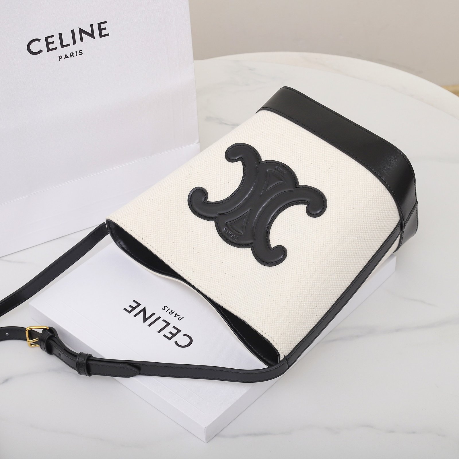 CELINE Triomphe Small Bucket Bag 22x17cm Canvas and Calfskin 3D Logo Shoulder Bag for Women Tan and Black 15