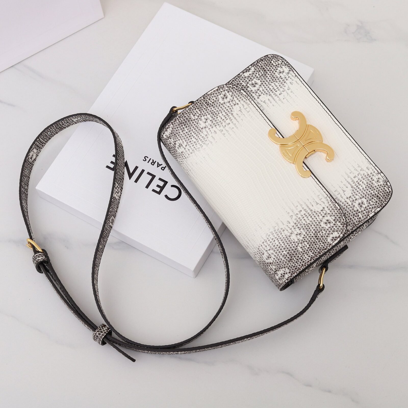 Celine Triomphe Classique Shoulder Bag 18.5cm Lizard and Crocodile Embossed Leather Crossbody Handbag 15