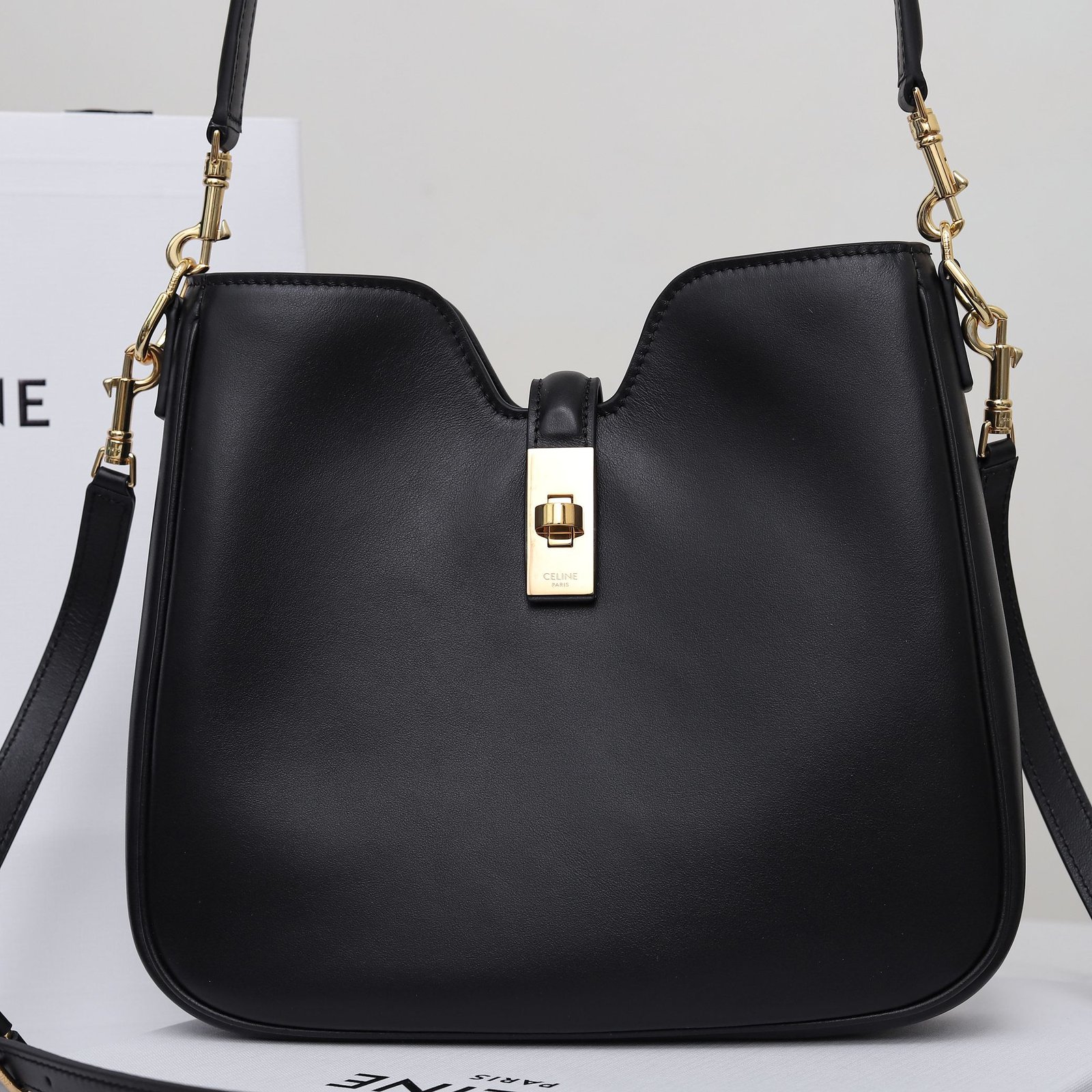 Celine Calfskin Shoulder Bag 24.5cm Minimalist Crossbody Handbag with Gold Hardware Twist-Lock 2025 15