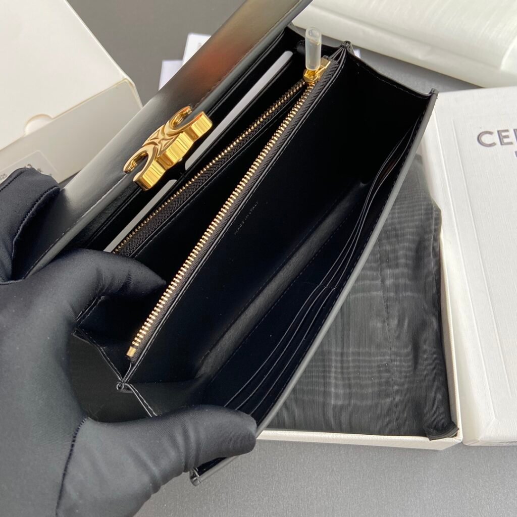 CELINE TRIOMPHE Large Flap Wallet 19cm WOC in Canvas, Black & Pebble Calfskin – Image 7