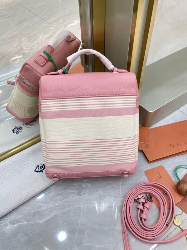 15 Loro Piana L23.5 Extra Pocket Backpack Striped Canvas Calfskin Leather Mini Bag Versatile 2-Way Top Handle Convertible Shoulder Bag