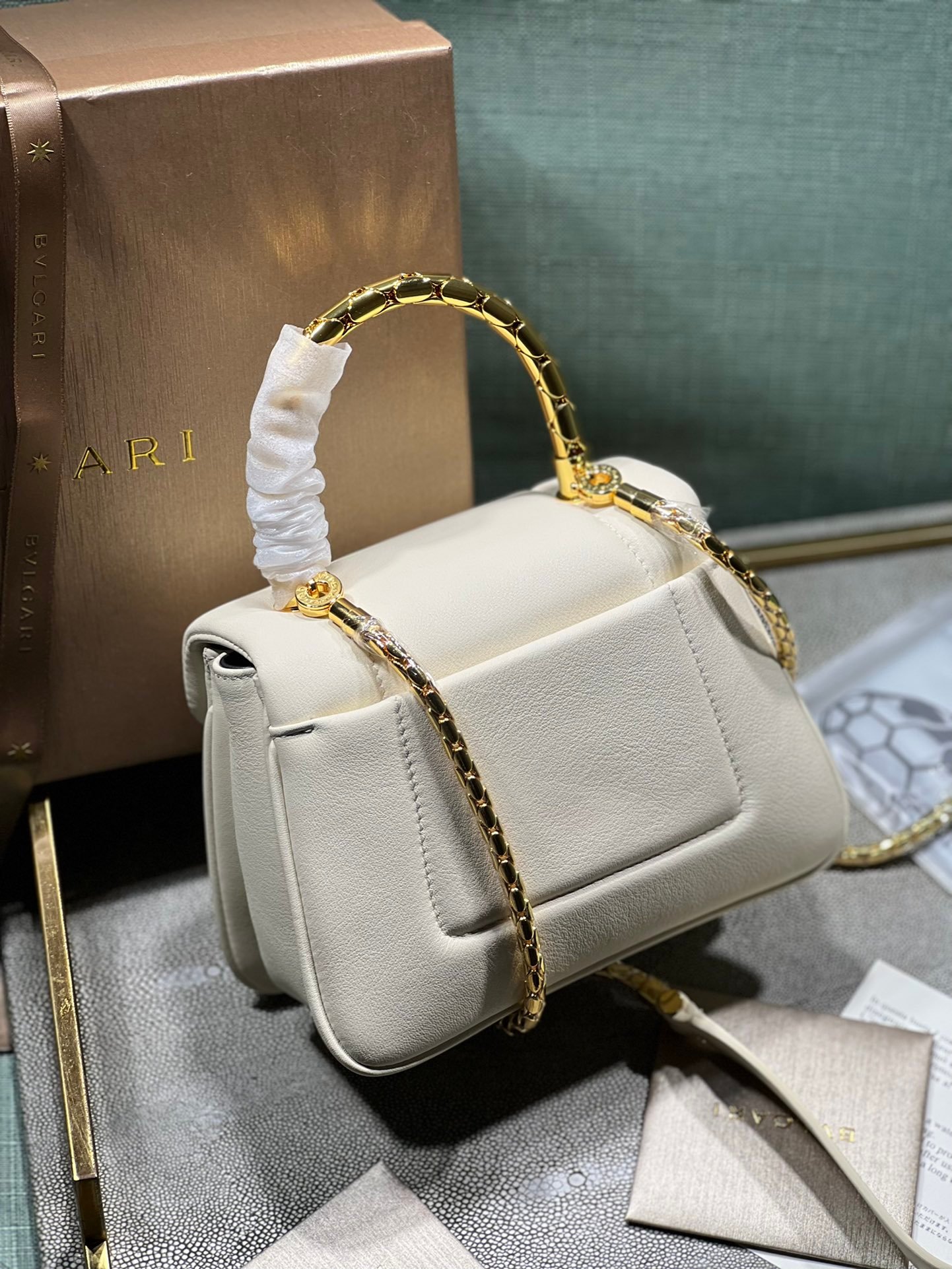 BVLGARI Serpenti Reverse Small Quilted Calfskin Top Handle Bag 20cm with Snake Metal Handle and Iconic Magnetic Chain Crossbody Strap BVLGARI Serpenti Reverse Small Quilted Calfskin Top Handle Bag 20cm with Snake Metal Handle and Iconic Magnetic Chain Crossbody Strap